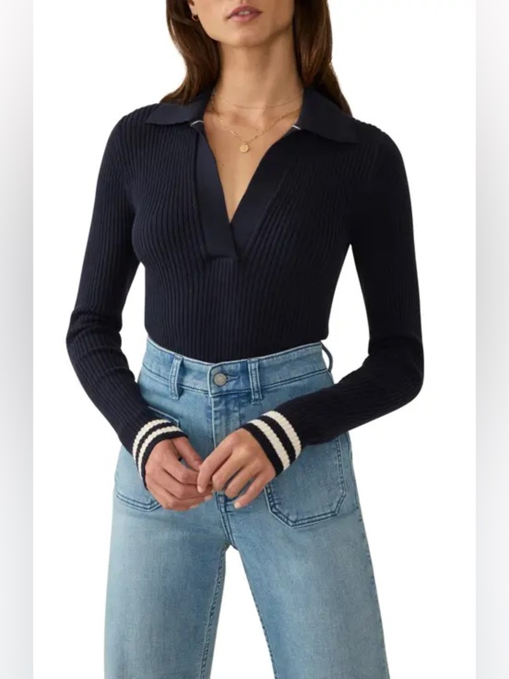 Faherty Shiloh Ribbed Sweater Polo V-Neck Navy and White Size Small